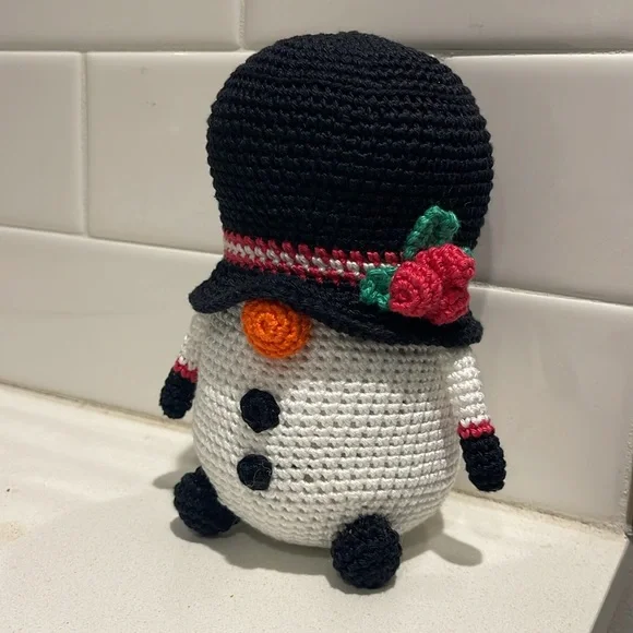 Handcrafted Snowman Gnome with Holly Winter Holiday Seasonal Christmas Crochet - Picture 2 of 10